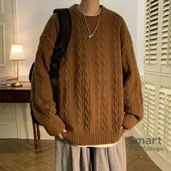 メンズ ニットセーター クルーネック ケーブル編み ゆったり レトロ カジュアル 秋冬 トップス M260108-4