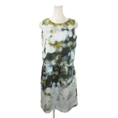 ロートレアモン LAUTREAMONT ワンピース 38 水色 ライトブルー 緑 グリーン 水彩柄 ボケ柄 ノースリーブ ラウンドネック /MN16 ■GY60