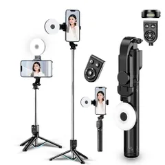 自撮り棒スマホスタンド三脚LEDライトリモコン両方を充電できますリモコン上下左右にページをめくったりできるiphone&android対応セルカ棒iphone自撮り棒三脚卓上軽量140cm&9段階伸縮携帯スタ…