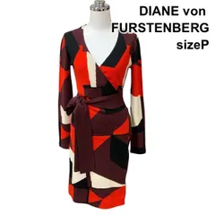 ■ ダイアンフォンファステンバーグ DIANE ワンピース 長袖 カシュクール 膝丈 幾何学模様 赤 黒 紫 白 ウール p S 7号 レディース H5Z147