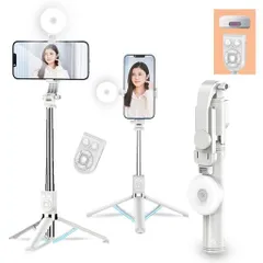 自撮り棒スマホスタンド三脚LEDライトリモコン両方を充電できますリモコン上下左右にページをめくったりできるiphone&android対応セルカ棒iphone自撮り棒三脚卓上軽量140cm&9段階伸縮携帯スタ…