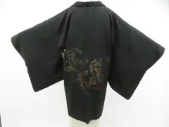 【京松】黒羽織 昭和レトロ 絵羽柄 羽織紐付 正絹 着物 身丈約82.5cm 裄丈約65cm kyo7z12-1567