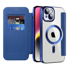 MuZiFiPhone13用ケース手帳型Magsafe対応クリア背面透明高級なPUレザー永久磁石マグネットスマホケースカード収納、人気財布型カバー軽量アイフォン13用手帳カバー(iPhone13用ダークブルー)