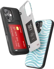 [TORUCXHYBRID]iPhone16用ウォレットケース|隠し2クレジットカードスロットホルダー付き二層スリム保護ハードカバー-海の波柄