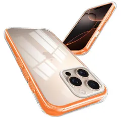 iPhone16ProMax用クリアケース【360°エアバッグ】耐衝撃滑り止めワイヤレス充電対応オレンジ