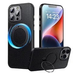 2024新開発ダブルリング搭載・定点スタンドiphone16ProMax用ケース隠し収納式スタンドMagSafe対応縦横両立角度調整炭素繊維スト