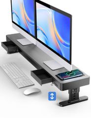 Meatanty Adjustable Monitor Stand, Dual Monitor Stand with 4 Height Adjustments, Drawers, USB 3.0/2.0 Support, Data Transfer, Charging Version, Steel, 100cm Wide