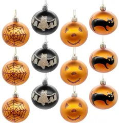 JUTOSUハロウィン飾りボールハロウィンオーナメントボール12個入り直径6cm黒猫笑顏かぼちゃんコウモリクモの巣装飾ボール大粒でツリーに映えるオーナメント北欧デコレーションハロウィ…