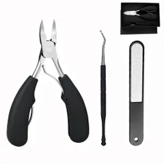 爪切りステンレス製滑り止め爪やすり付ニッパータイプ爪削り巻き爪/変形爪/厚い爪/甘皮/硬い爪最適収納ケース付き手足両用3点セット(ブラック)