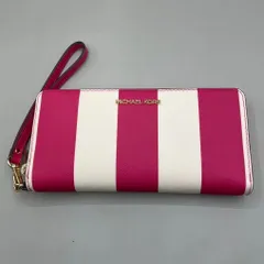 未使用級　MICHAEL KORS マイケルコース　長財布　ロングウォレット　ラウンドファスナー　リストレット　ストライプ　レザー　ゴールド金具　ピンク　白