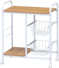 不二貿易キッチンワゴンキッチンラック幅56x奥行35.5x高さ69.5cmホワイトナチュラル収納スリム引き出しキャスター付き15424