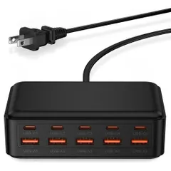【2025年70W出力・10ポート】USB充電器5USB-C+5USB-A急速充電ACアダプタースマホタブレットノートPC対応PD/QC対応PSE認証付きデスク充電ステーションコンパクト旅行/家庭/オフィス用ブラック
