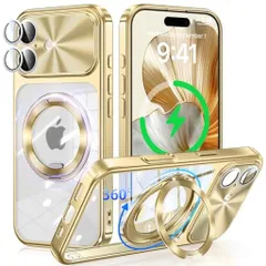 iPhone17用ケースMagSafe対応【回転歯車音CD模様リング付き+一体型CD模様カメラレンズ保護】360度回転スタンド縦横両対応電気メッキバンパーOURJOYスマホケースアイフォン17クリアカバー米軍…
