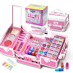 Opardメイクセット女の子お化粧セットプリンセス風ピンク子供用コスメおままごとセットドレッサー収納ボックス付水で落ちるアイシャドウネイルポリッシュリップチークネイルシール誕…