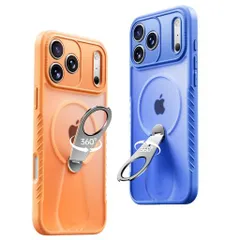 iPhone17ProMax用リングケース360度回転MagSafe対応半透明半クリアマット仕上げアイフォン17promaxカバーケースリング付き縦置きスタンドカラフルオレンジ