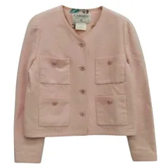 CHANEL シャネル ココマークボタン 裏地シルク ツイード ノーカラー ジャケット ピンク系【中古】