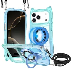iPhone17ProMax用ケースクリアMagSafe対応リング付きTPUバンパーネックショルダーあいほん17promaxカラー猫耳携帯カバー肩掛け首掛け斜めがけ紐付き韓国かわいいファッション耐衝撃車載対応