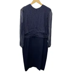 アクリス ワンピース サイズCH 42 レディース美品  - ダークネイビー×白 クルーネック/長袖/ロング/シルク/ボーダー/ドット柄/シースルー