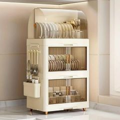 HEEOREV Dish Rack, Kitchen Storage Shelf, Dish Drainer, Multifunctional Storage for Home Kitchen, Travel Lightweight Dish Drainer with Lid Cover, Dish Drying Rack, Dustproof, Large Capacity Dish Storage (Cream, 39.5x26.5x…