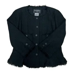 極 美品 希少品 CHANEL シャネル ツイード ココマーク ボタン シルク コットン ナイロン ノーカラージャケット ブラック 黒 62545