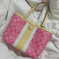 COACH ピンク シグネチャー ストライプ ミニ トートバッグ