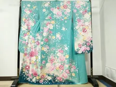 平和屋着物●豪華振袖　舞蝶牡丹花文　ラメ糸　暈し染め　銀通し地　正絹　逸品　CABB4560yc