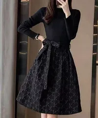 リボン柄フレアワンピース ウエストマーク