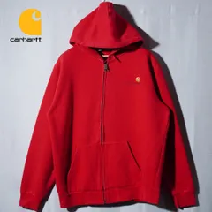 美品 カーハート Carhartt WIP ジップパーカー L レッド ロゴ刺繍 ジップアップフーディ テック ワーク ストリート オーバーサイズ ビッグシルエット ジップアップ 裏起毛 パーカー 古着 R724