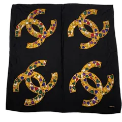 極美品 CHANEL シャネル スカーフ シルク ココマーク アクセサリー柄 ブラック