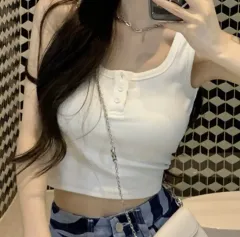 新品 スリーボタン クロップド ノースリーブ