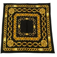 新品同様 CHANEL シャネル スカーフ シルク 大判 チェーン ロゴ ブラック ｘ ゴールド