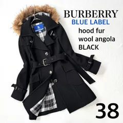 美品・サイズ38・ブラック✨バーバリー ブルーレーベル 3way アンゴラ ウール ベルト ラクーンファー フード ブラック ノバチェック 黒 BURBERRY BLUE LABEL ノヴァチェック