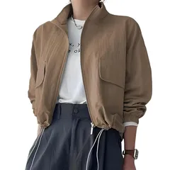 [UQQA] ジップアップ ナイロン ブルゾン レディース 春 秋 ショート丈 薄手 ライトアウター 前開き 羽織り ポケット付き 春 柔らかい 涼しい 普段着 オフィス アウトドア スポーツ 50代 ミセス 上品 かっこいい ブラウン