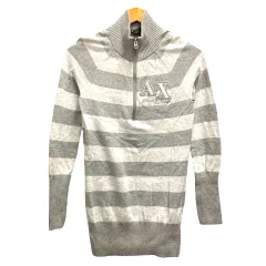 アルマーニエクスチェンジ A/X ARMANI EXCHANGE ニット ニットソー ハーフジップ ボーダー ロゴ 刺繍 チュニック丈 長袖 薄手 S グレー