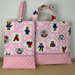 入園入学2点セット　りんりんのハンドメイド　レッスンバッグ　上履き入れ　キルティング　テディベア