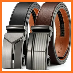 【新品】 [CHAOREN] ベルト メンズ 2本セット ビジネス - 大きいサイズ オートロック式 ベルト 穴なし 革 - 無段階調整 スーツ 紳士 35mm幅 ギフトボックス付 1