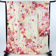 振袖 身丈165cm 裄丈66.5cm M 袷 牡丹 桜 刺繍 銀通し クリーム 正絹 名品 【中古】