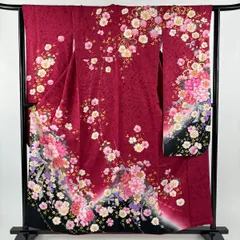 【美品】 振袖 身丈157cm 裄丈63.5cm S 袷 草花 リボン 金彩 箔 濃ピンク 正絹 名品 【中古】