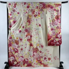 振袖 身丈169cm 裄丈66.5cm M 袷 牡丹 蝶 刺繍 銀通し クリーム 正絹 名品 【中古】