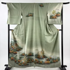 訪問着 身丈162.5cm 裄丈68cm L 袷 建物 樹木 金彩 刺繍 灰緑 正絹 秀品 【中古】