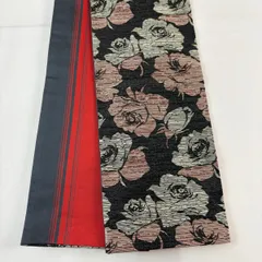 【美品】半幅帯 優品 薔薇 箔 黒 化繊 【中古】