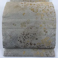 袋帯 名品 落款 草花 鳥 金糸 灰緑 全通 正絹 【中古】