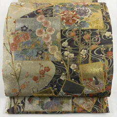 【美品】 丸帯 名品 枝花 百人一首 箔 金色 全通 正絹 【中古】