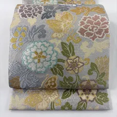 【美品】 袋帯 名品 草花 蝶 金糸 箔 灰色 六通 正絹 【中古】