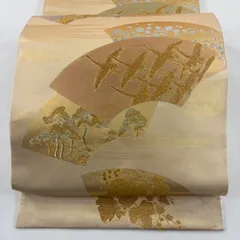 【美品】 袋帯 名品 扇面 鶴 金銀糸 箔 金色 六通 正絹 【中古】
