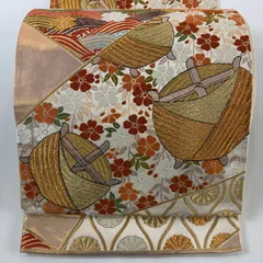 袋帯 逸品 河合美術織物 落款 関西仕立て 糸巻き 桜 刺繍 金糸 金茶 六通 正絹 【中古】
