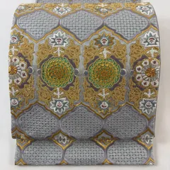 【美品】 袋帯 逸品 幾何学模様 刺繍 金銀糸 灰紫 六通 正絹 【中古】