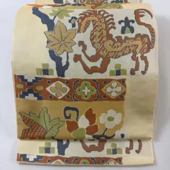 【美品】 袋帯 逸品 関西仕立て 動物 枝花 ベージュ 六通 正絹 【中古】