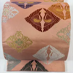 袋帯 名品 唐織綴 関西仕立て 向かい鶴菱 花菱 金銀糸 箔 ピンクベージュ 六通 正絹 【中古】