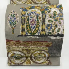 【美品】 袋帯 名品 草花 樹木 刺繍 金銀糸 灰色 六通 正絹 【中古】